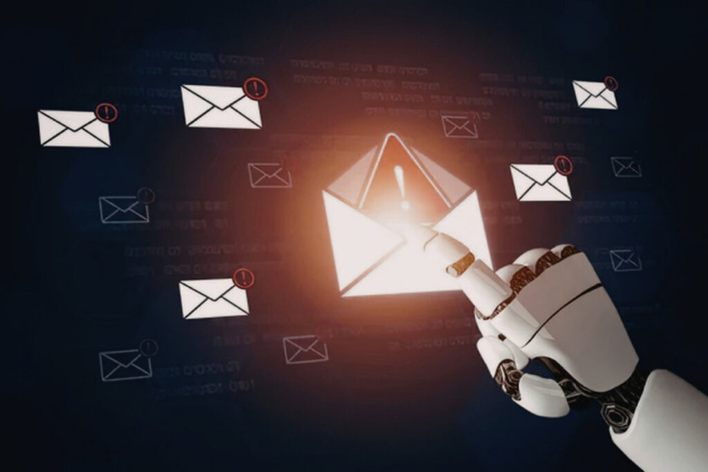 Roboterhand berührt ein leuchtendes E-Mail-Symbol, umgeben von weiteren Briefsymbolen